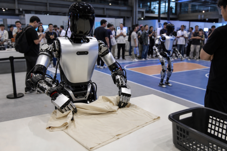 Editorial illustration for Beijing’s robot showcase highlights a gap between athletic feats and household help