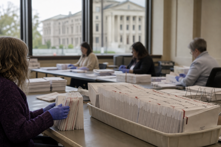 Editorial illustration for Judge lifts Postal Service block on Trump mail-voting order as Democratic states sue