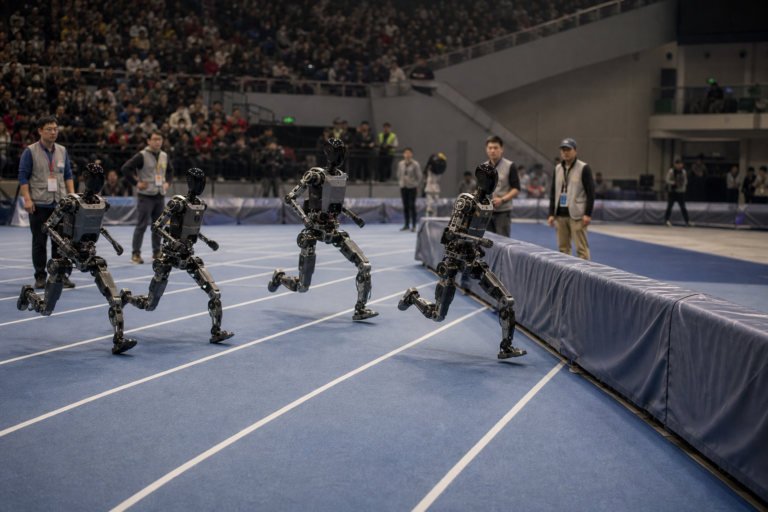 Editorial illustration for Humanoid Robot Posts 8.64-Second 100 Meters at Beijing Games