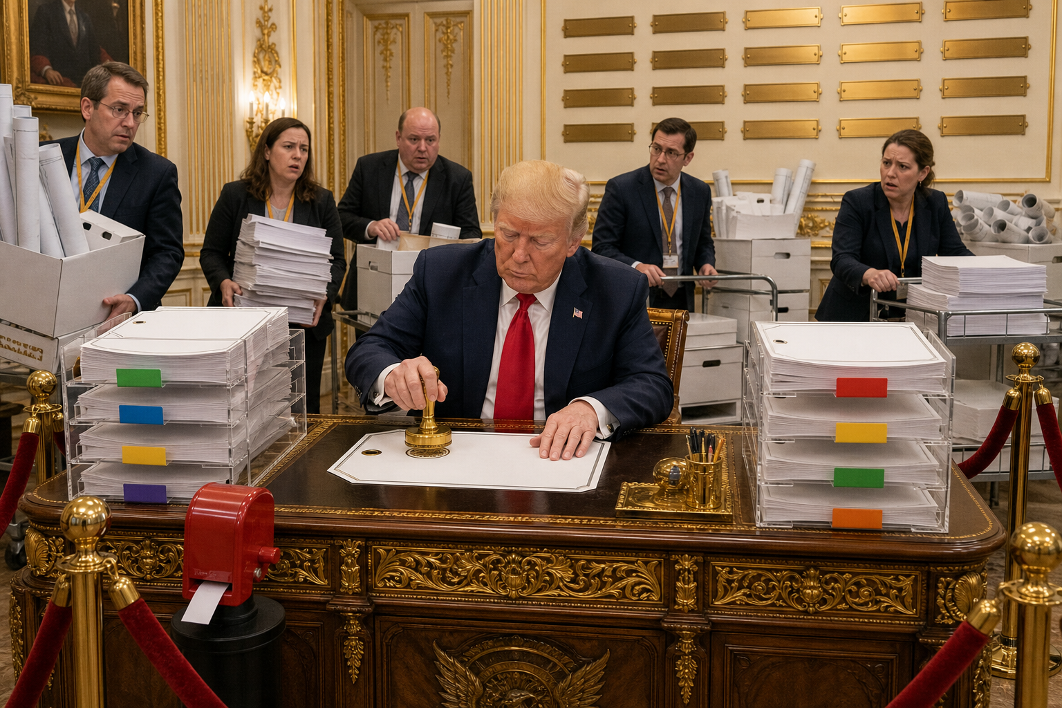 Editorial illustration for Trump Opens Presidential Name-Use Desk After No-Trump Loses Delaware Primary