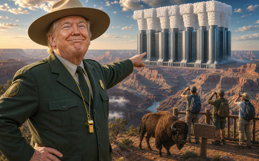 Editorial illustration for Trump Opens National Parks to AI Data Center Petting Zoos