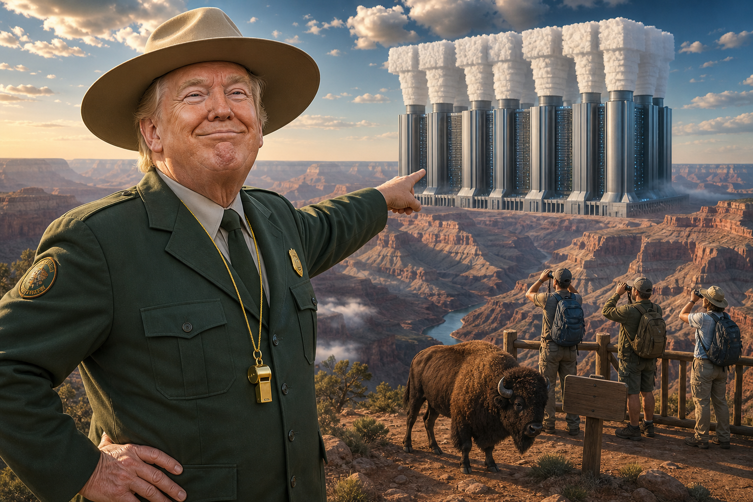 Editorial illustration for Trump Opens National Parks to AI Data Center Petting Zoos