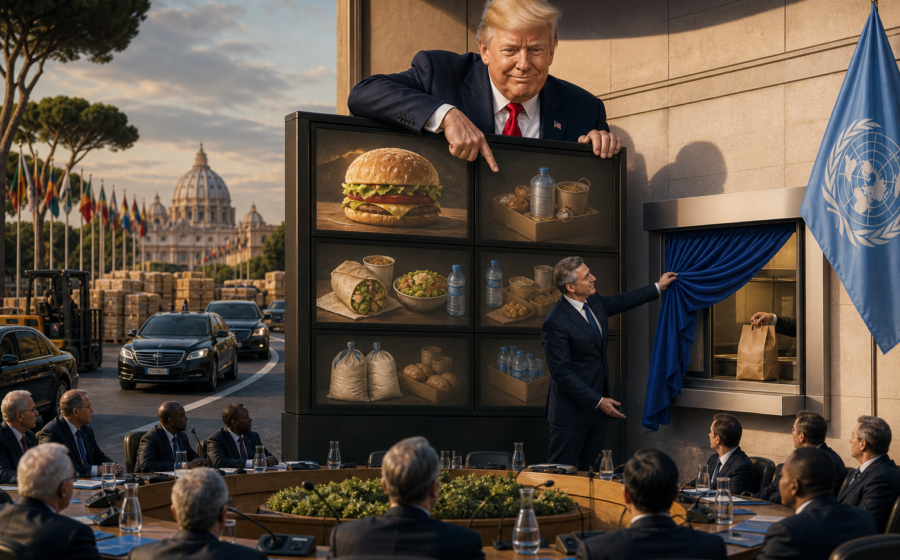 Editorial illustration for Trump Nominee Converts World Food Programme Into Global Drive-Thru