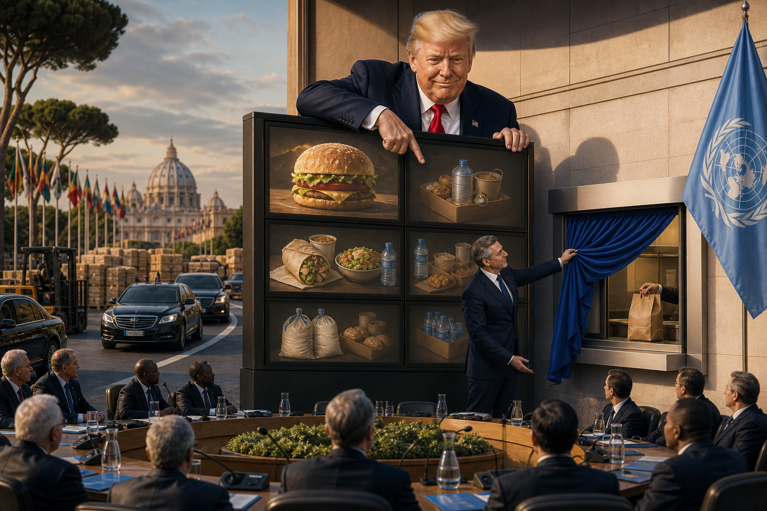 Editorial illustration for Trump Nominee Converts World Food Programme Into Global Drive-Thru