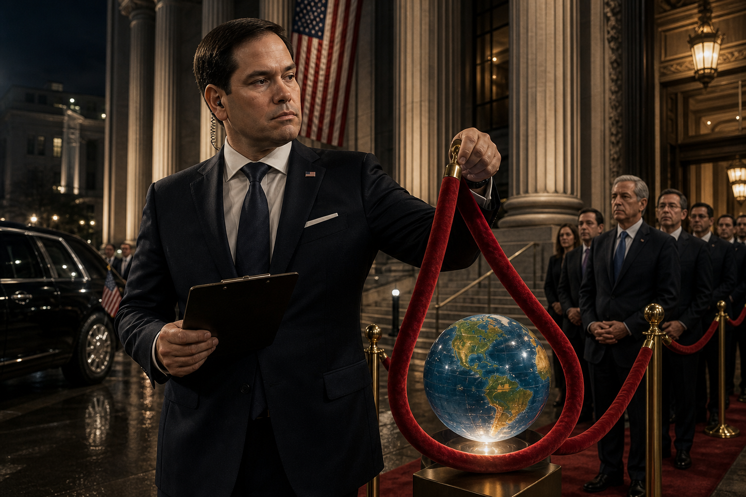 Editorial illustration for Rubio Puts South African Officials on America’s Velvet-Rope Guest List