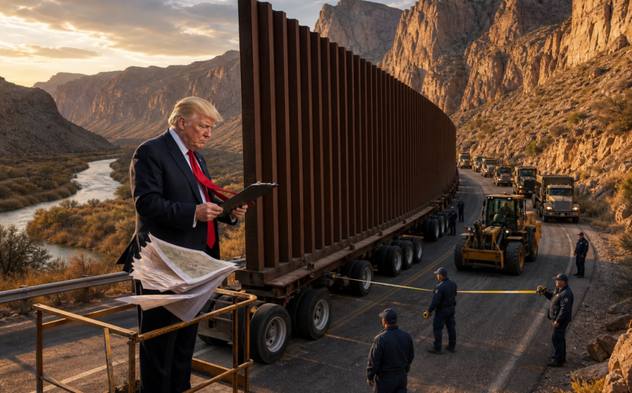 Editorial illustration for Trump Administration Puts Big Bend Border Wall on Wheels