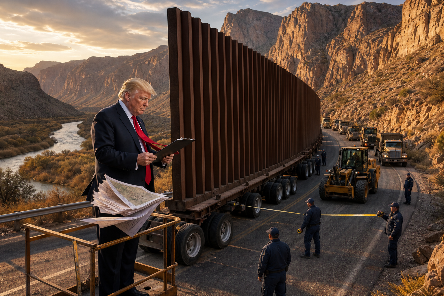 Editorial illustration for Trump Administration Puts Big Bend Border Wall on Wheels