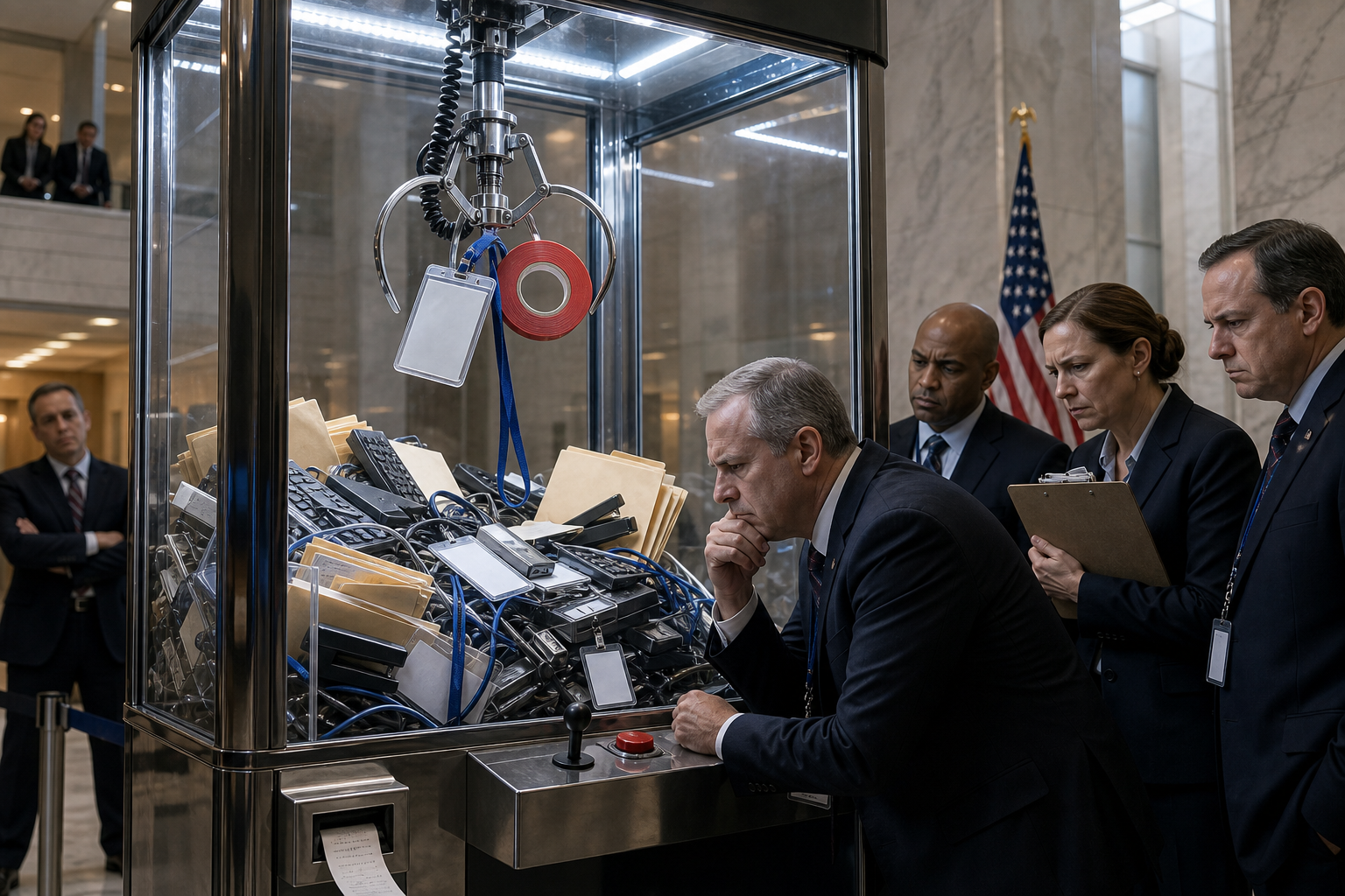 Editorial illustration for DHS Replaces Voter Probe With Giant Claw Machine