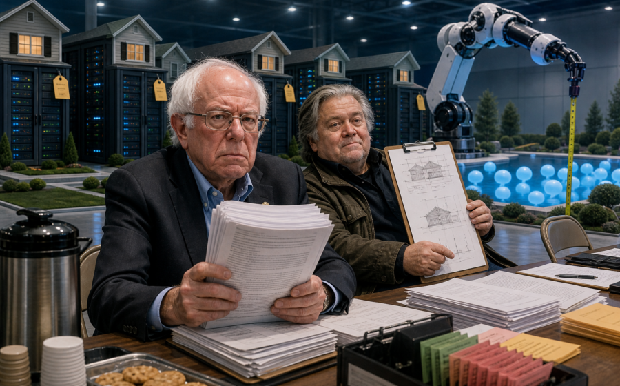 Editorial illustration for Bernie Sanders and Steve Bannon Form AI Homeowners Association