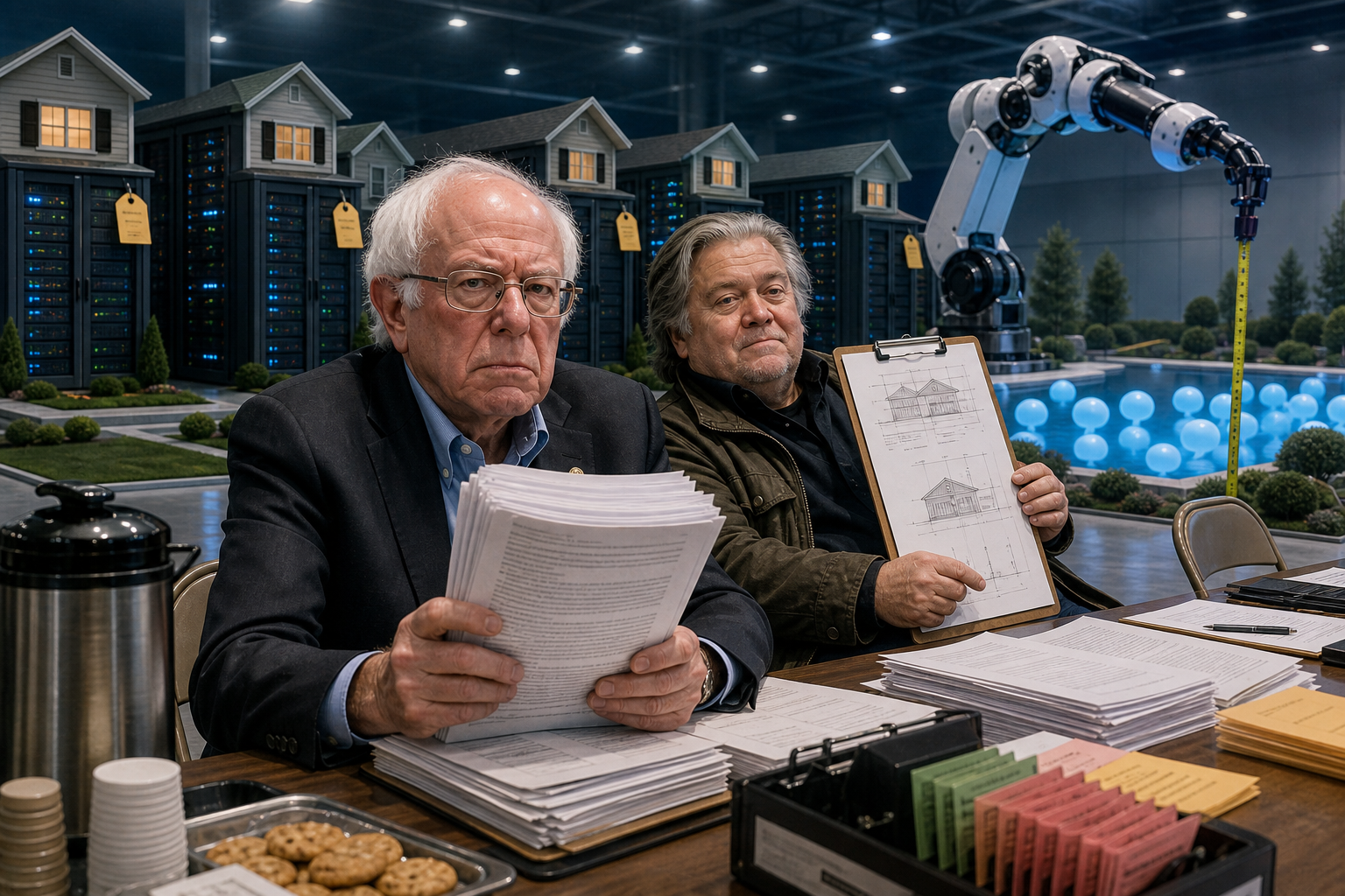 Editorial illustration for Bernie Sanders and Steve Bannon Form AI Homeowners Association
