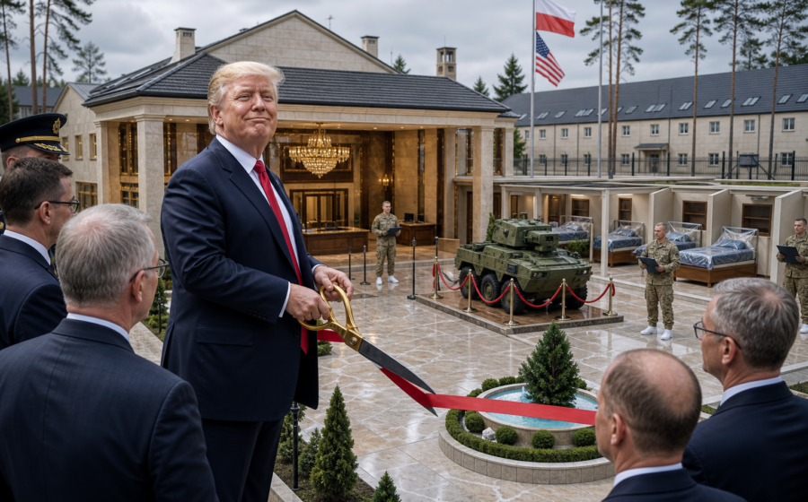 Editorial illustration for Trump Unveils Luxury Model Army Base for Poland