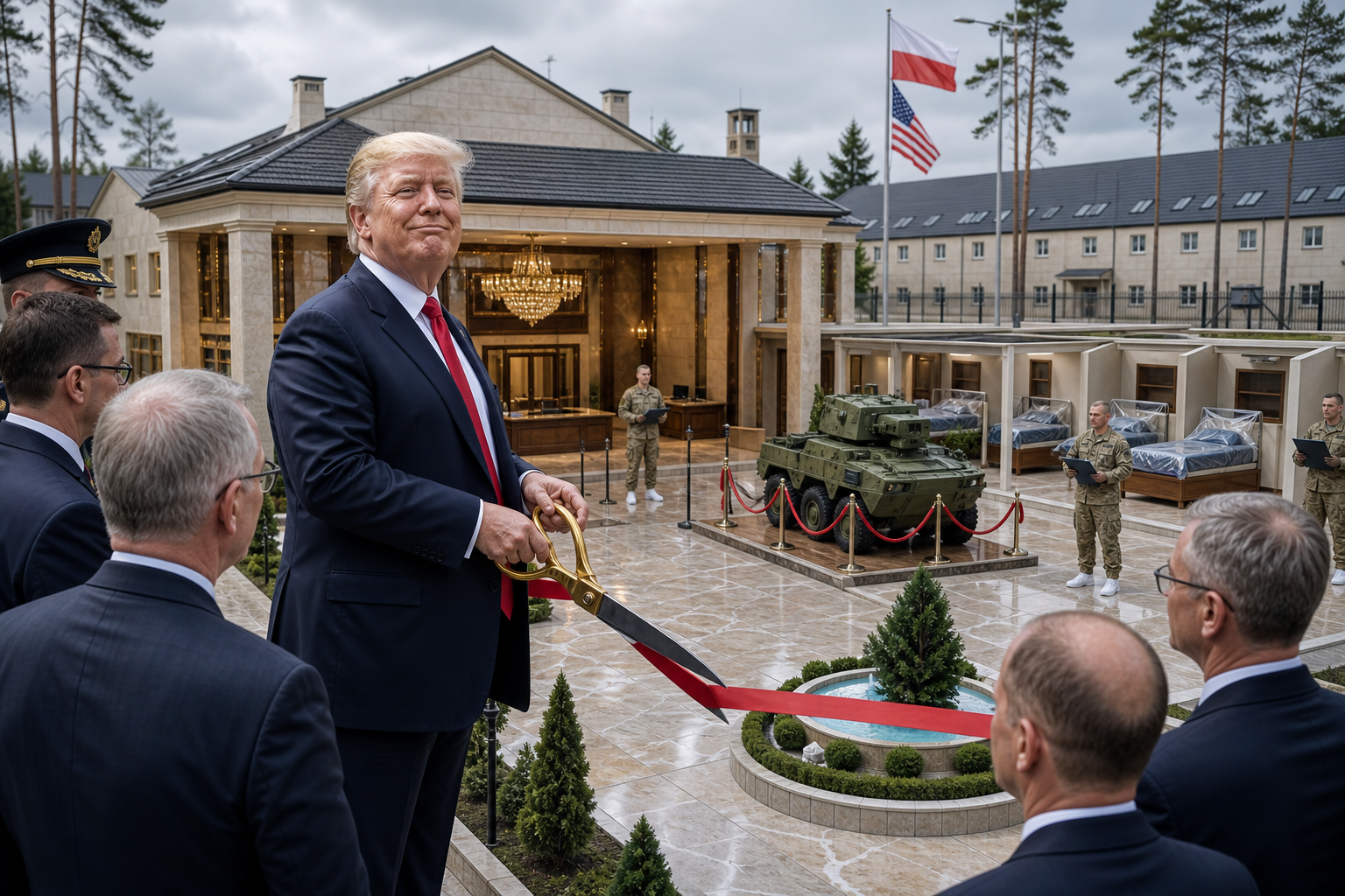 Editorial illustration for Trump Unveils Luxury Model Army Base for Poland