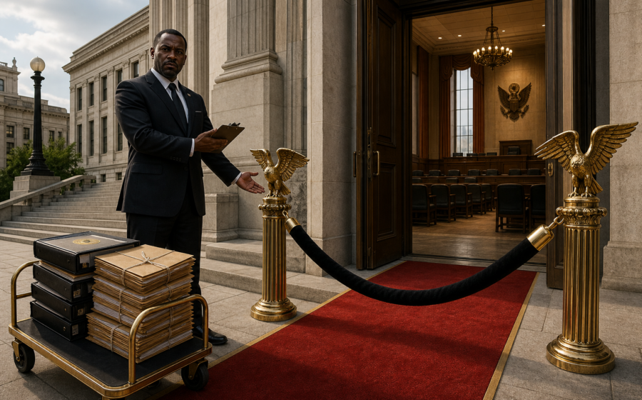 Editorial illustration for Trump Administration Puts Velvet Rope Around Minnesota Courtroom