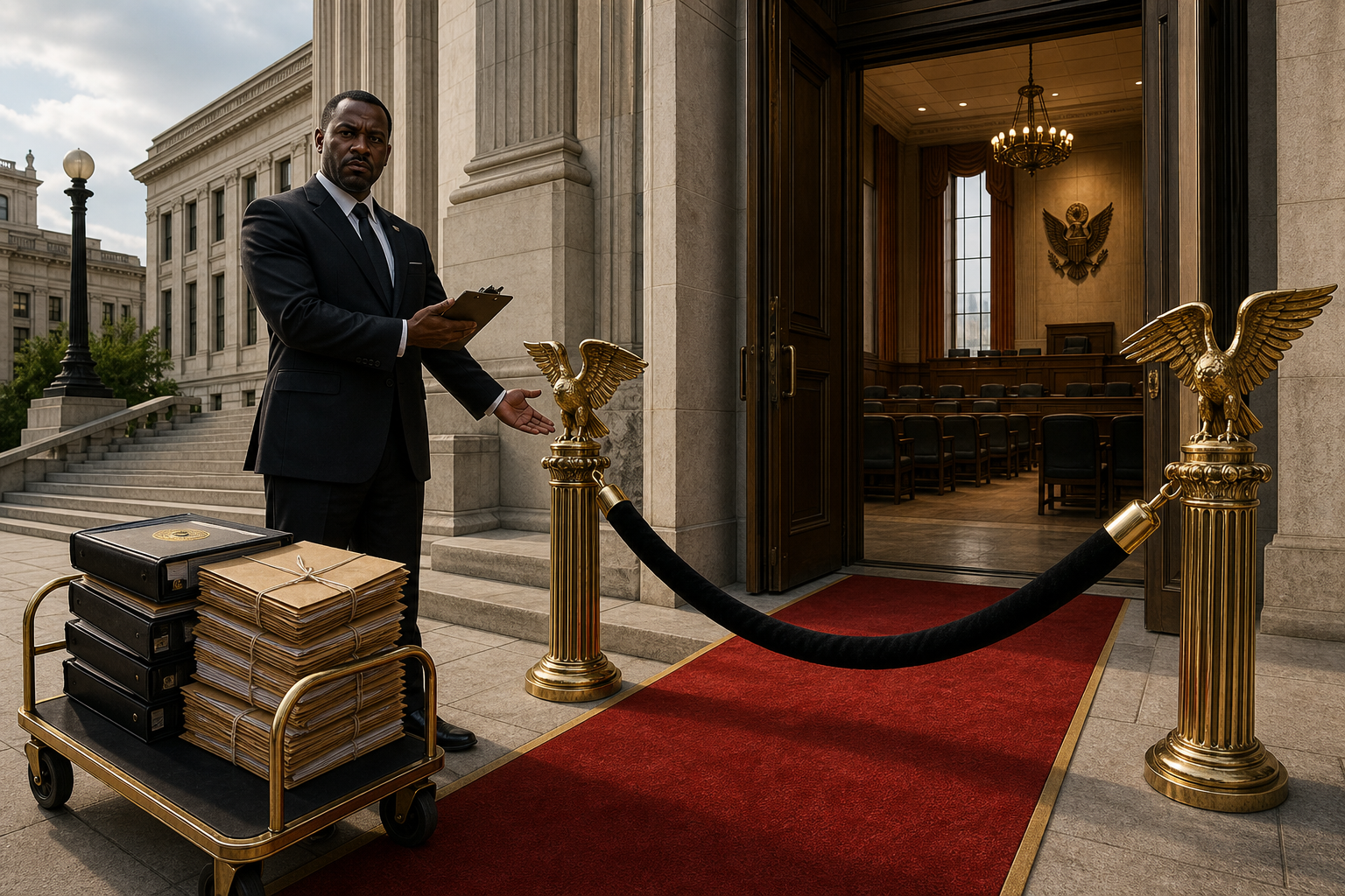 Editorial illustration for Trump Administration Puts Velvet Rope Around Minnesota Courtroom