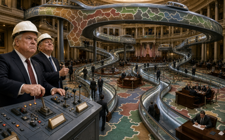 Editorial illustration for State Legislatures Install Moving Walkways Between Congressional Districts