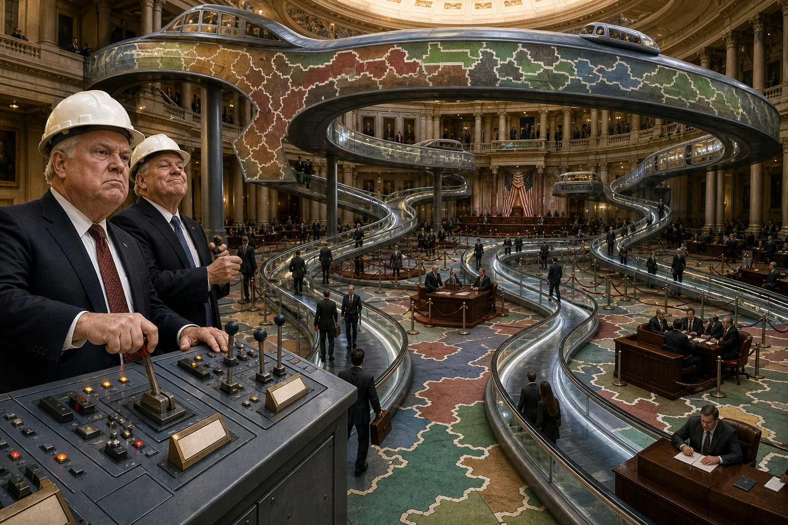 Editorial illustration for State Legislatures Install Moving Walkways Between Congressional Districts
