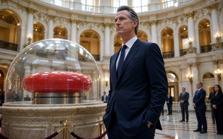 Editorial illustration for Newsom Places California AI Kill Switch Beneath Giant Glass Dome