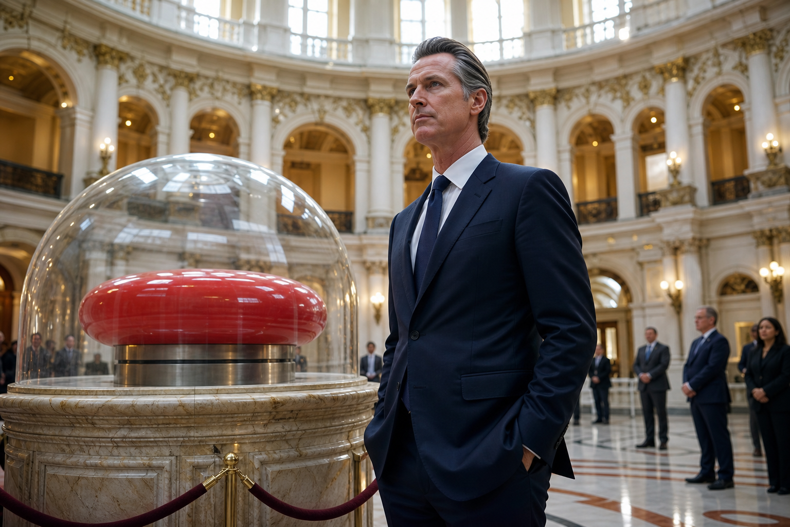 Editorial illustration for Newsom Places California AI Kill Switch Beneath Giant Glass Dome