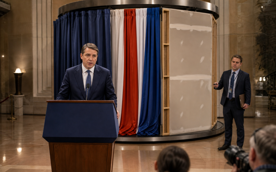 Editorial illustration for Justice Department Installs Rotating Campaign Backdrop Behind Every Podium