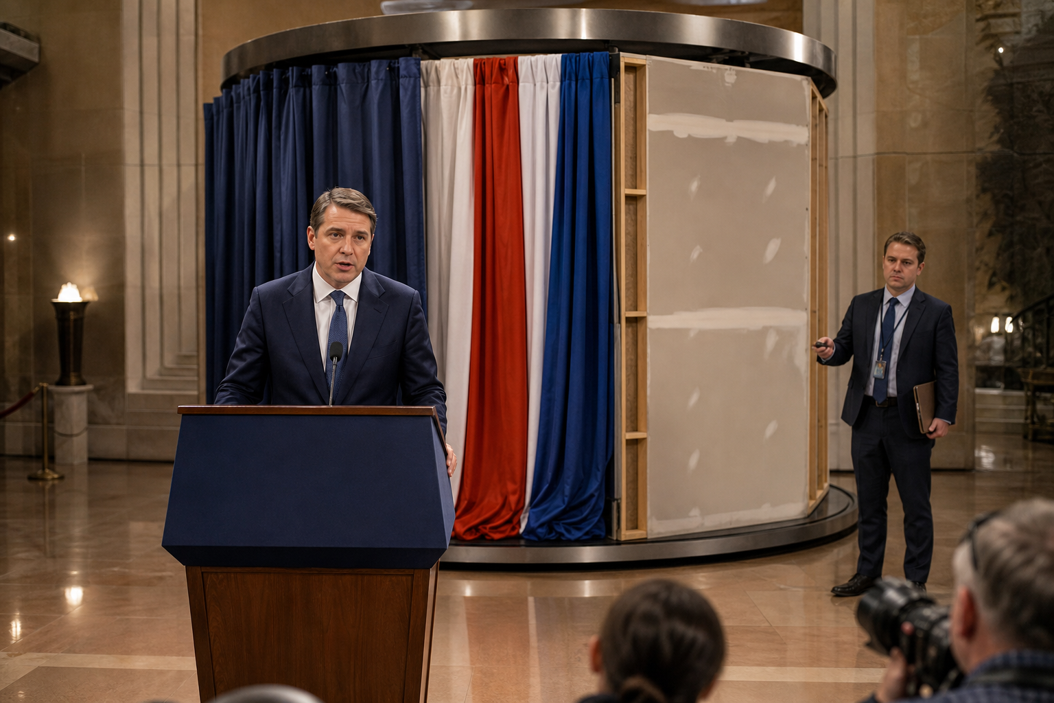 Editorial illustration for Justice Department Installs Rotating Campaign Backdrop Behind Every Podium