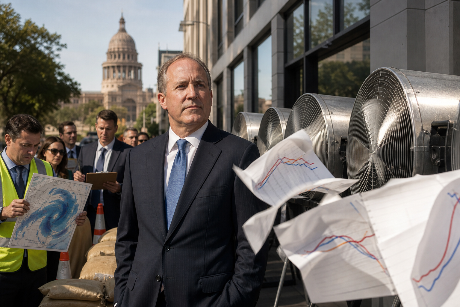 Editorial illustration for Paxton Super PAC Deploys Industrial Fans Against Talarico Momentum