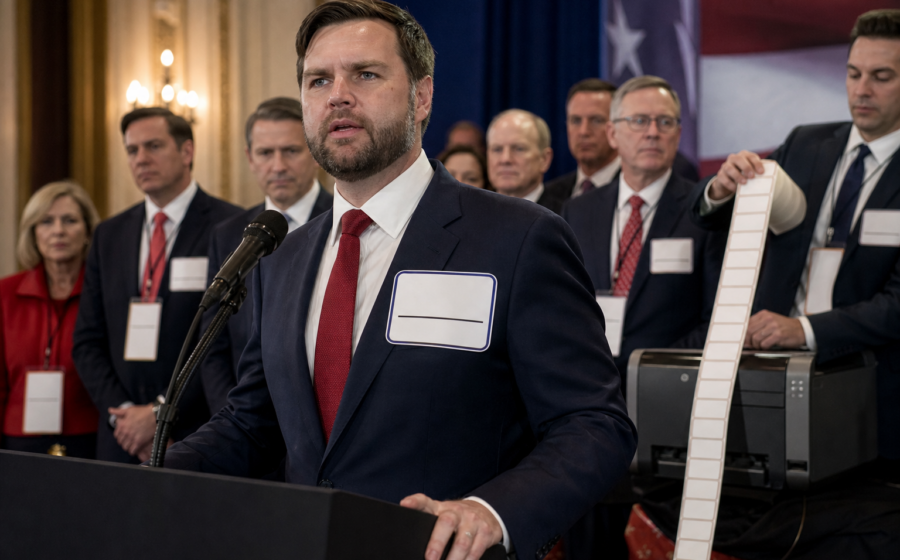 Editorial illustration for JD Vance Gives Every Republican a Fresh Hello My Name Is Badge