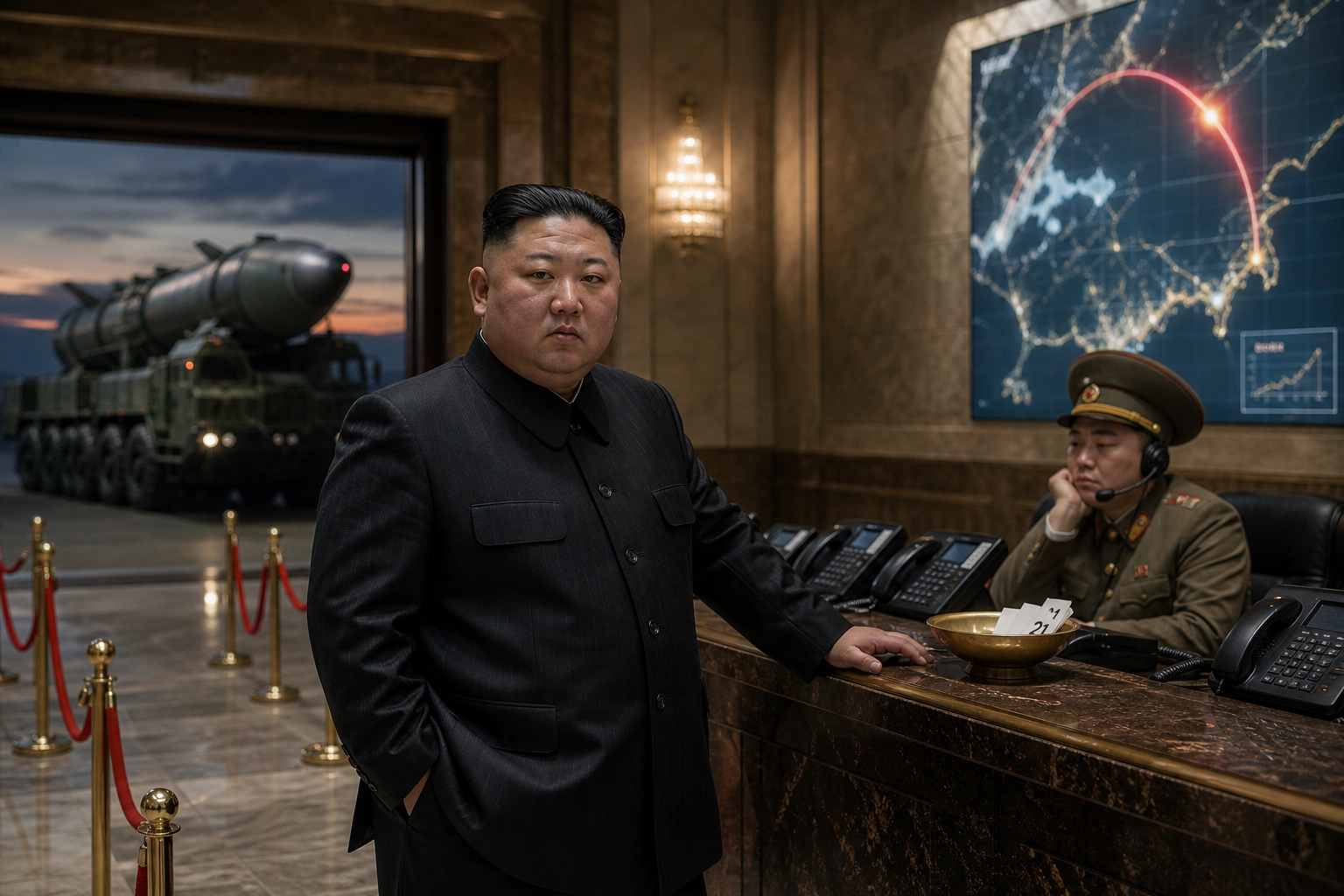 Editorial illustration for Kim Jong Un Rebrands Missile Program as Premium Headache Experience