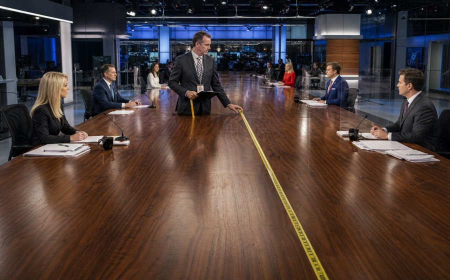 Editorial illustration for CNN and CBS Ordered to Share One Giant Breaking-News Desk
