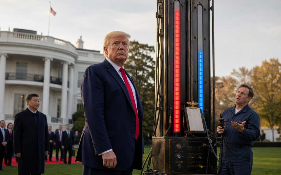 Editorial illustration for Trump Installs Giant U.S.-China Power Meter Outside White House