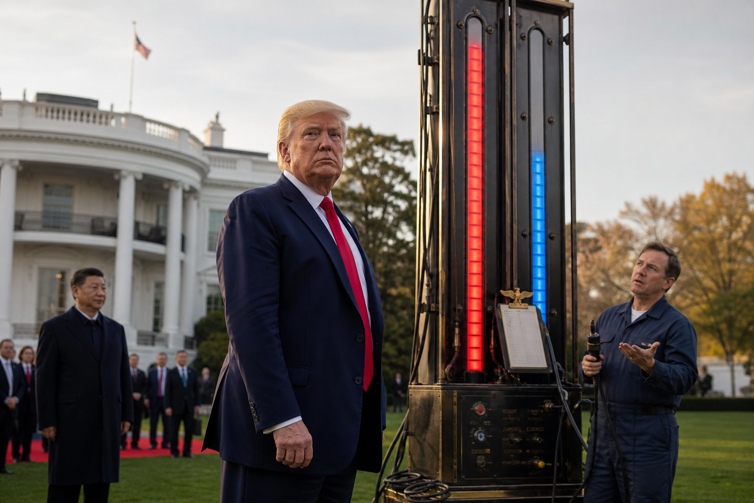 Editorial illustration for Trump Installs Giant U.S.-China Power Meter Outside White House