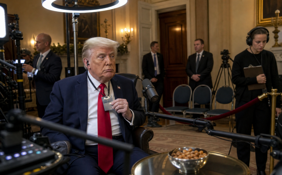 Editorial illustration for Trump Converts West Wing Into Podcast Guest Waiting Room