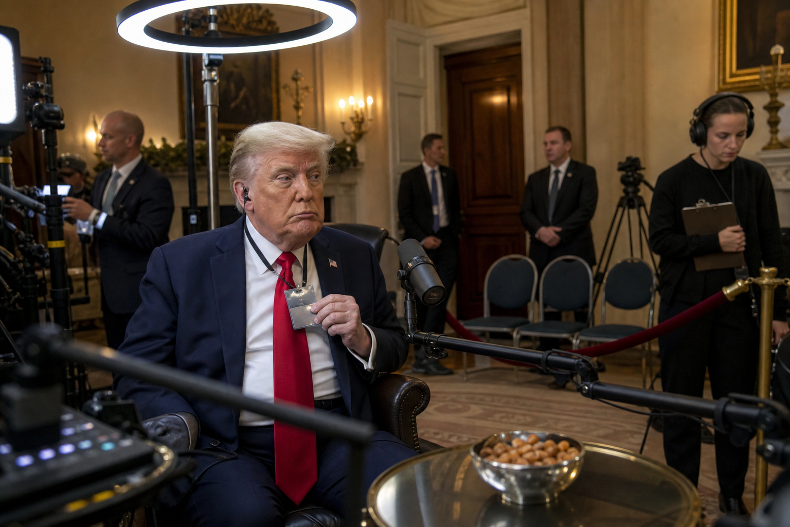Editorial illustration for Trump Converts West Wing Into Podcast Guest Waiting Room