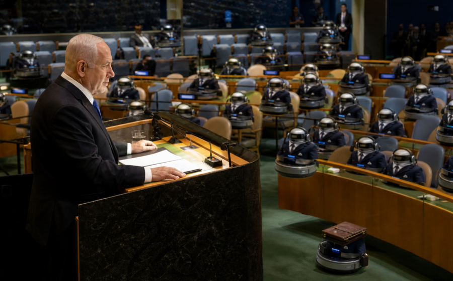 Editorial illustration for Netanyahu Deploys Roomba Diplomats After UN Walkout
