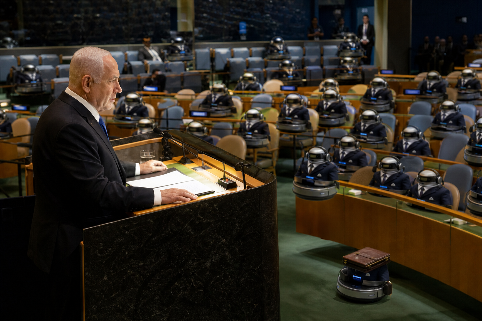 Editorial illustration for Netanyahu Deploys Roomba Diplomats After UN Walkout
