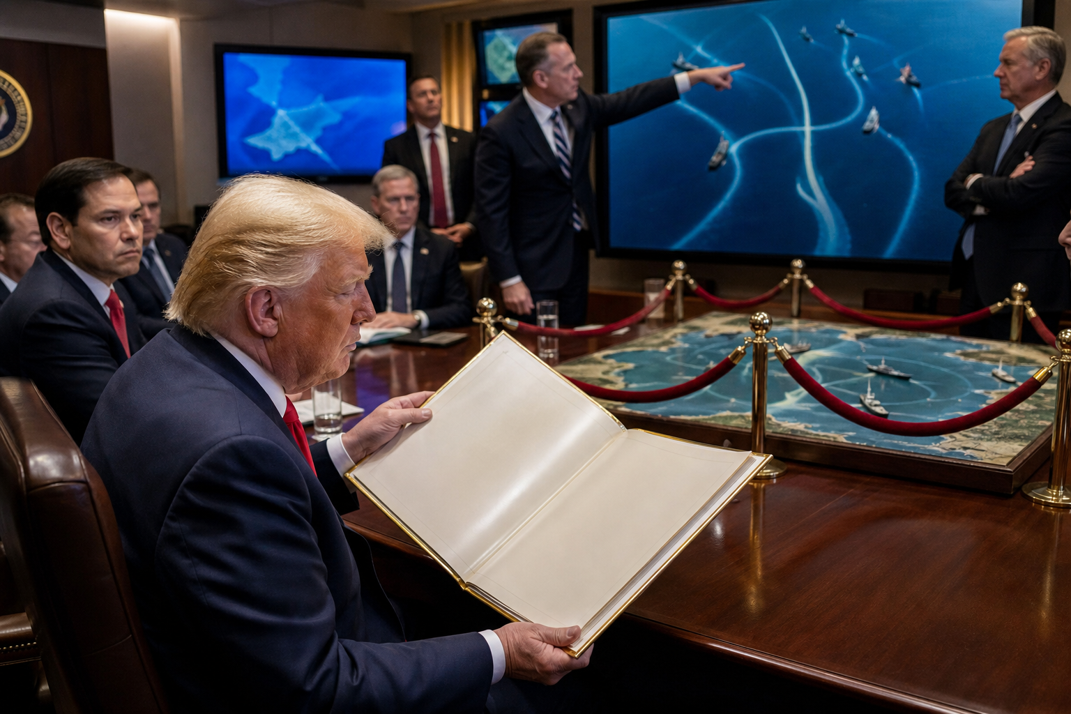 Editorial illustration for Trump Requires Red Sea Crisis To Submit Better Deck Before Response