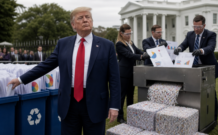 Editorial illustration for Trump Unveils Federal Recycling Bins for Unfavorable Polls