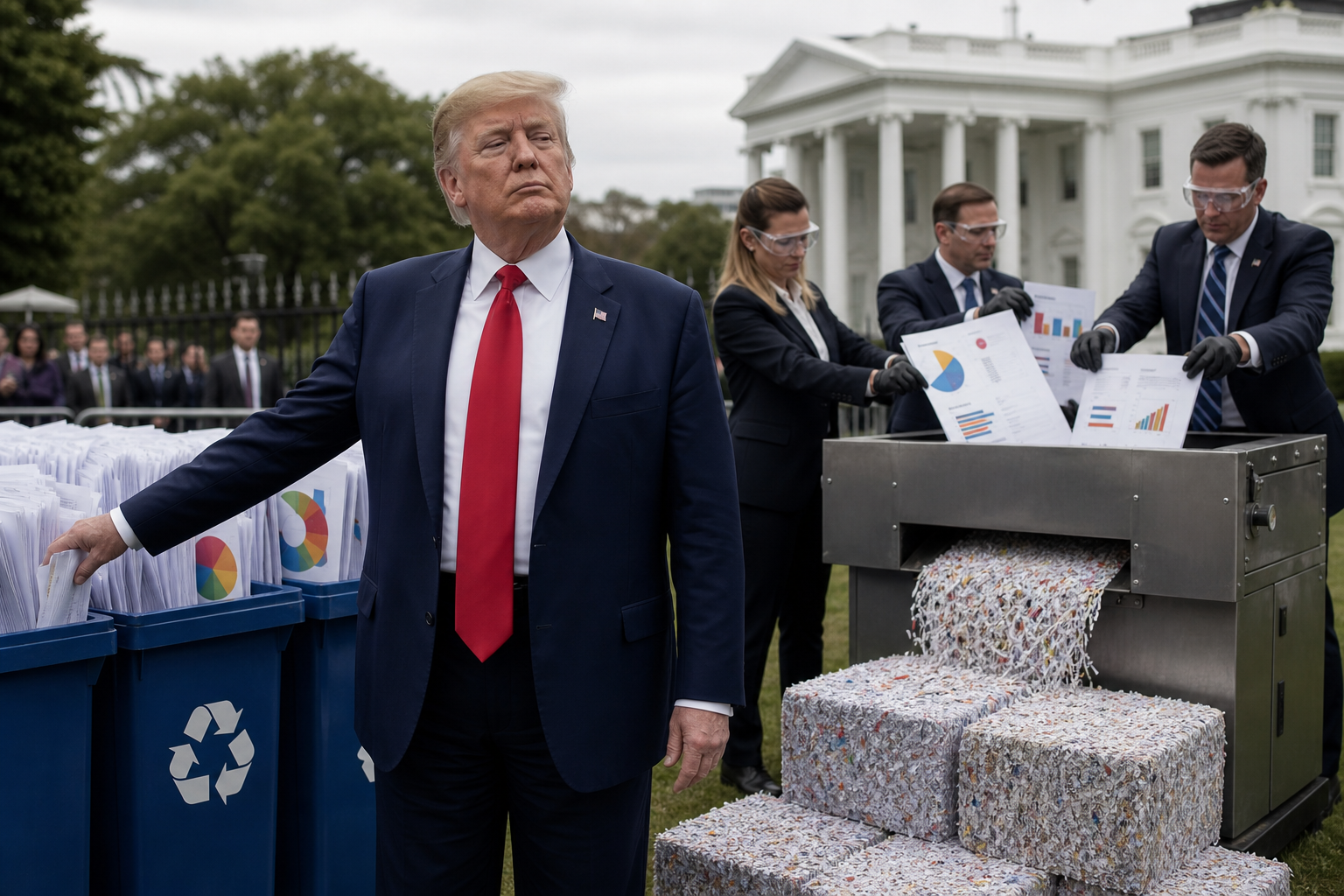Editorial illustration for Trump Unveils Federal Recycling Bins for Unfavorable Polls