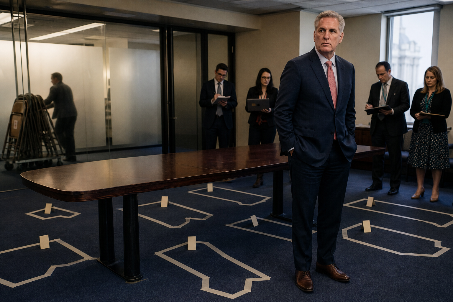 Editorial illustration for Kevin McCarthy Orders GOP Midterm Hopefuls to Campaign Without Chairs