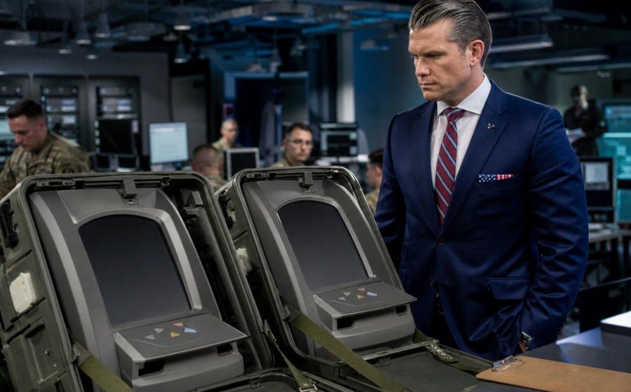 Editorial illustration for Hegseth Assigns Every Voting Machine a Battle Buddy