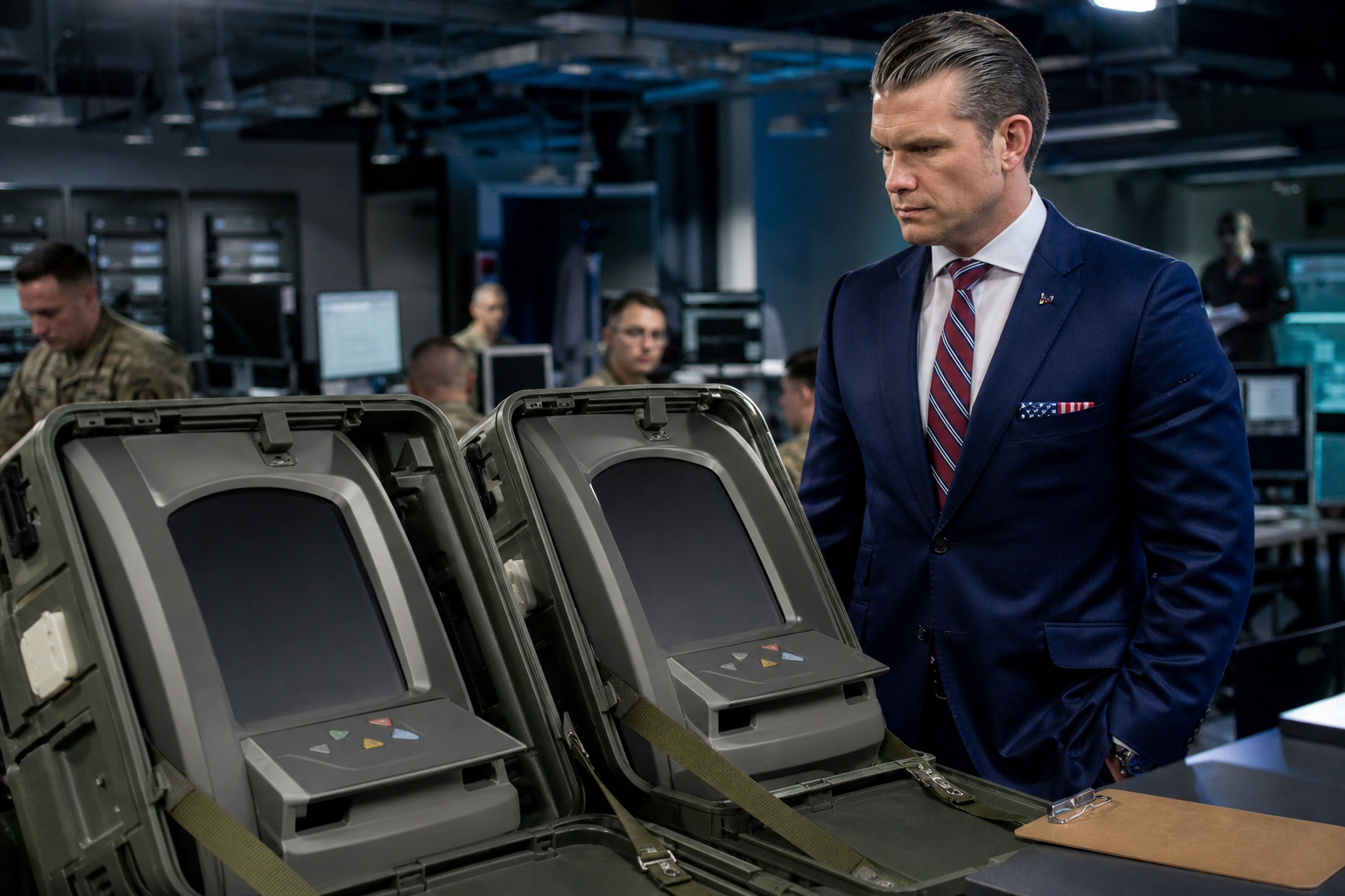 Editorial illustration for Hegseth Assigns Every Voting Machine a Battle Buddy
