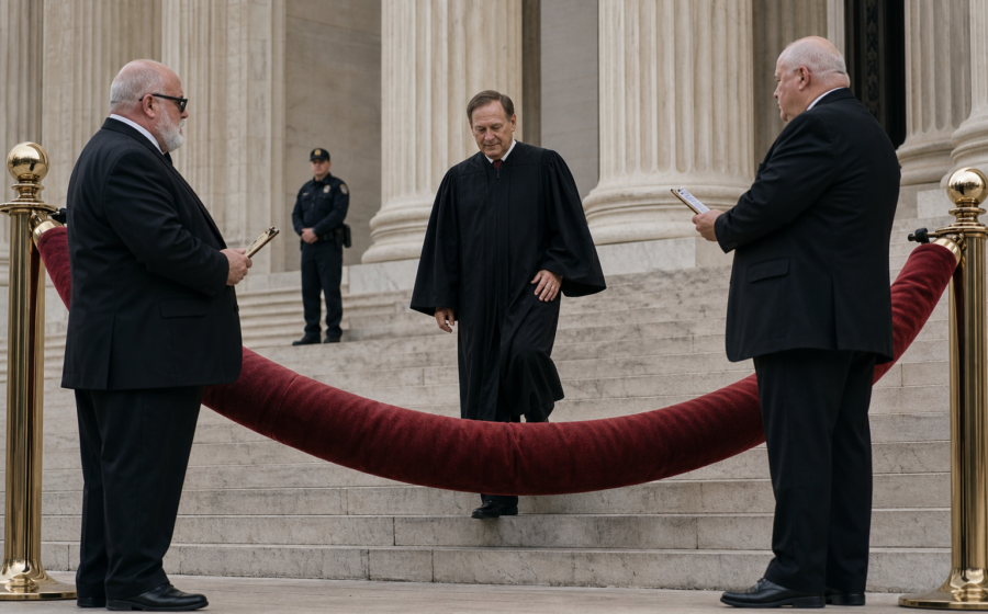 Editorial illustration for Alito Recuses, Supreme Court Builds Oil Company Velvet Rope