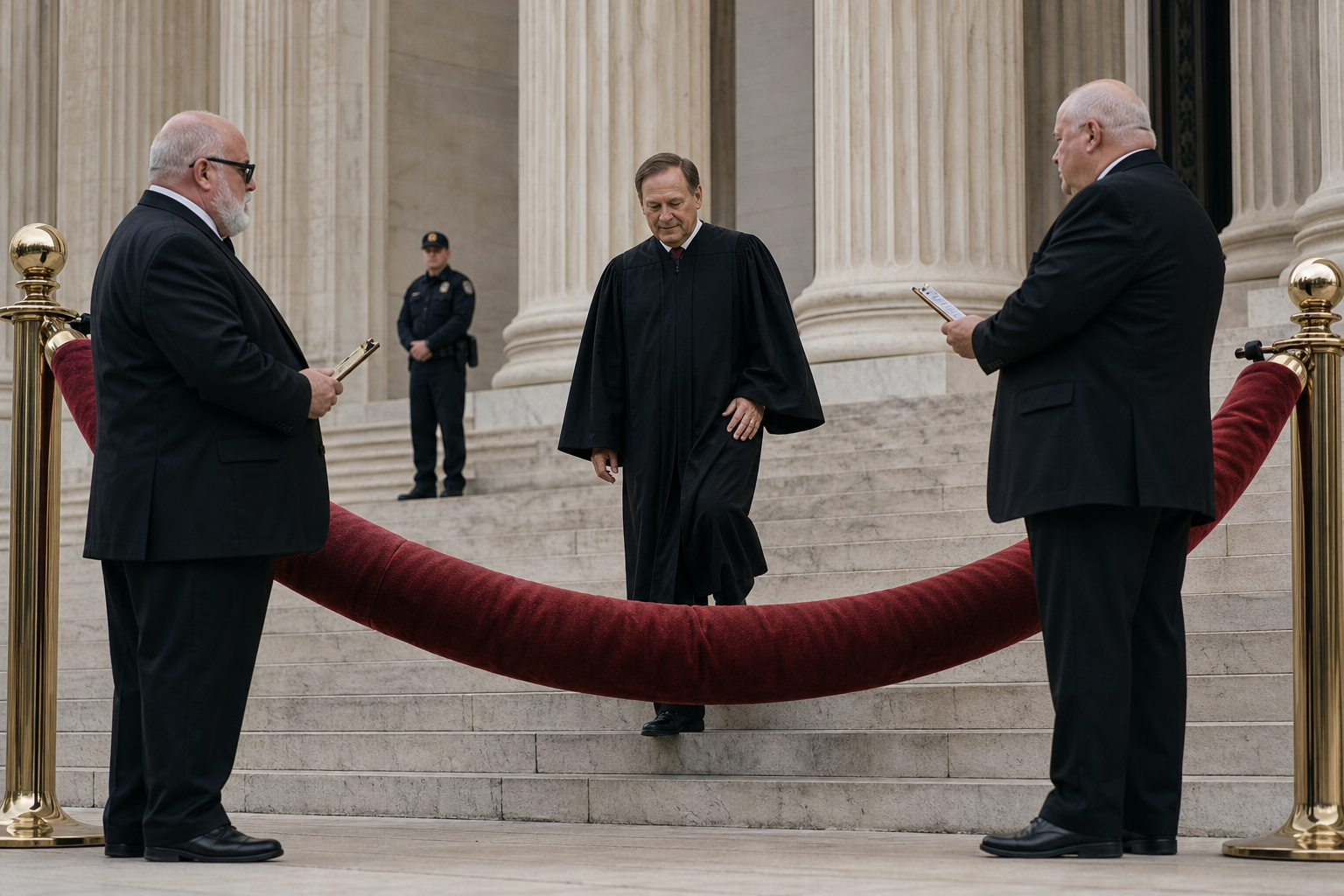 Editorial illustration for Alito Recuses, Supreme Court Builds Oil Company Velvet Rope