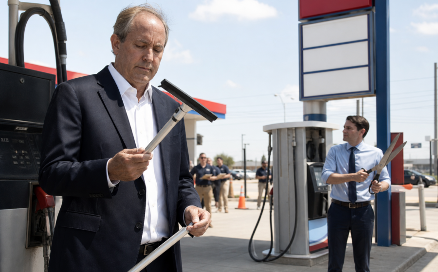 Editorial illustration for Paxton, Talarico Turn Texas Senate Race Into Rival Gas Stations