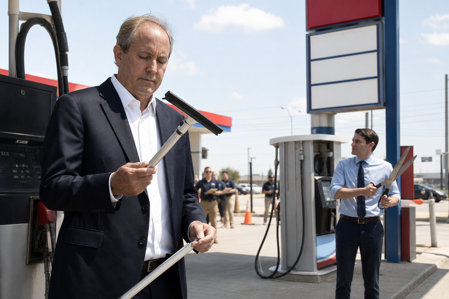 Editorial illustration for Paxton, Talarico Turn Texas Senate Race Into Rival Gas Stations