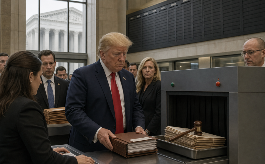 Editorial illustration for Trump Administration Gives Court Orders Their Own Airport Departure Board