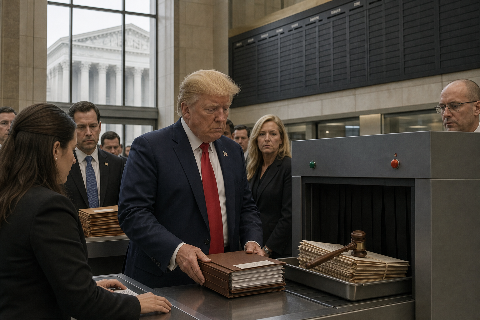 Editorial illustration for Trump Administration Gives Court Orders Their Own Airport Departure Board