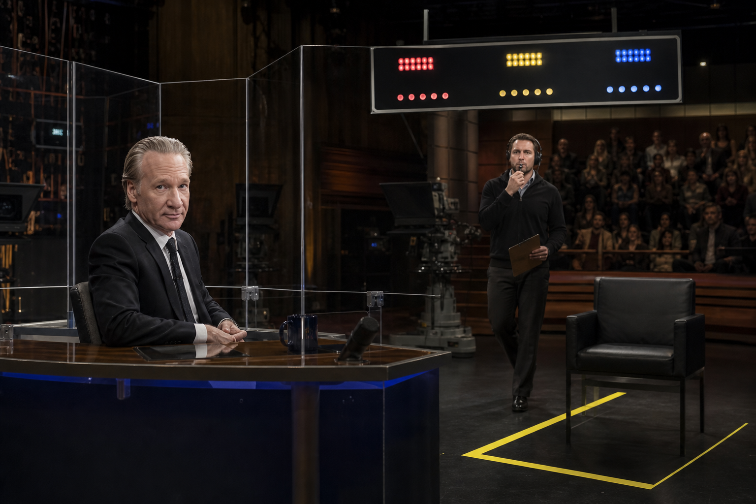 Editorial illustration for Bill Maher Converts Real Time Into OSHA-Compliant Debate Arena