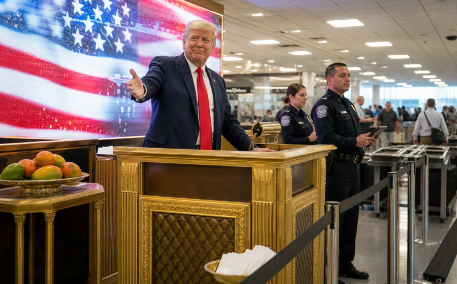 Editorial illustration for CBP Converts Airport Customs Into Trump Appreciation Priority Lane