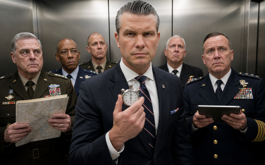 Editorial illustration for Hegseth Makes Every General Defend Their Job in a 90-Second Elevator Pitch