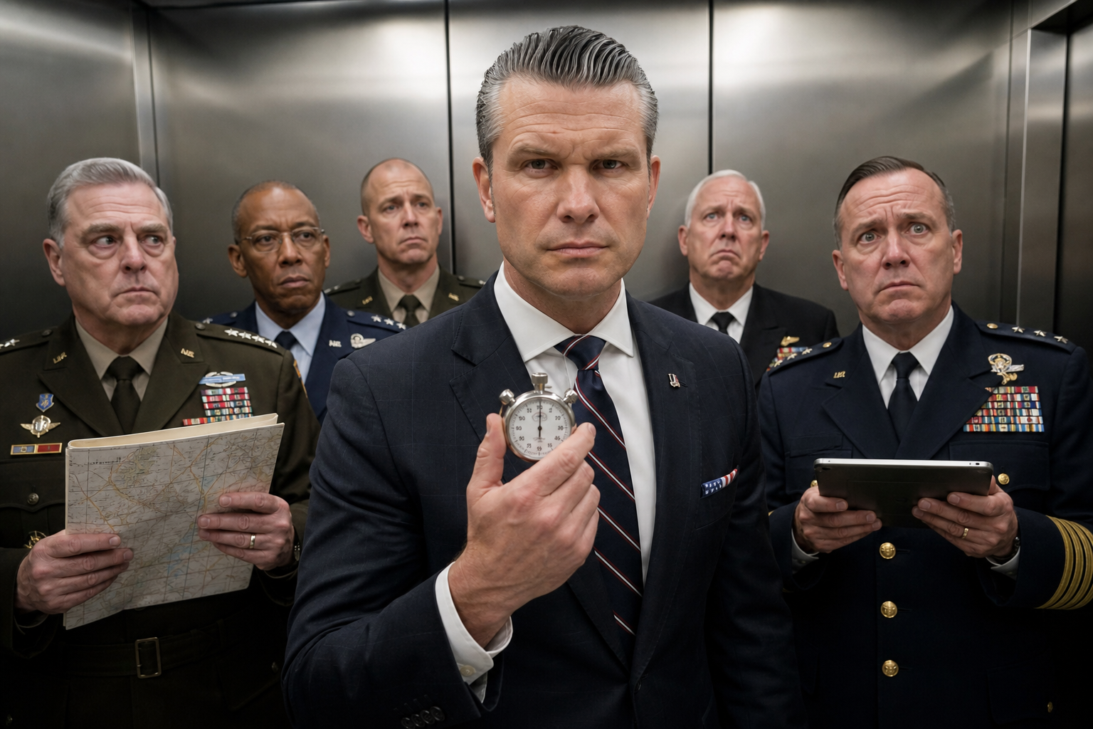 Editorial illustration for Hegseth Makes Every General Defend Their Job in a 90-Second Elevator Pitch